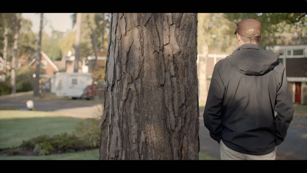 A man in a brown cap and dark hooded jacket, seen from behind, stands beside a large tree trunk on a suburban street.